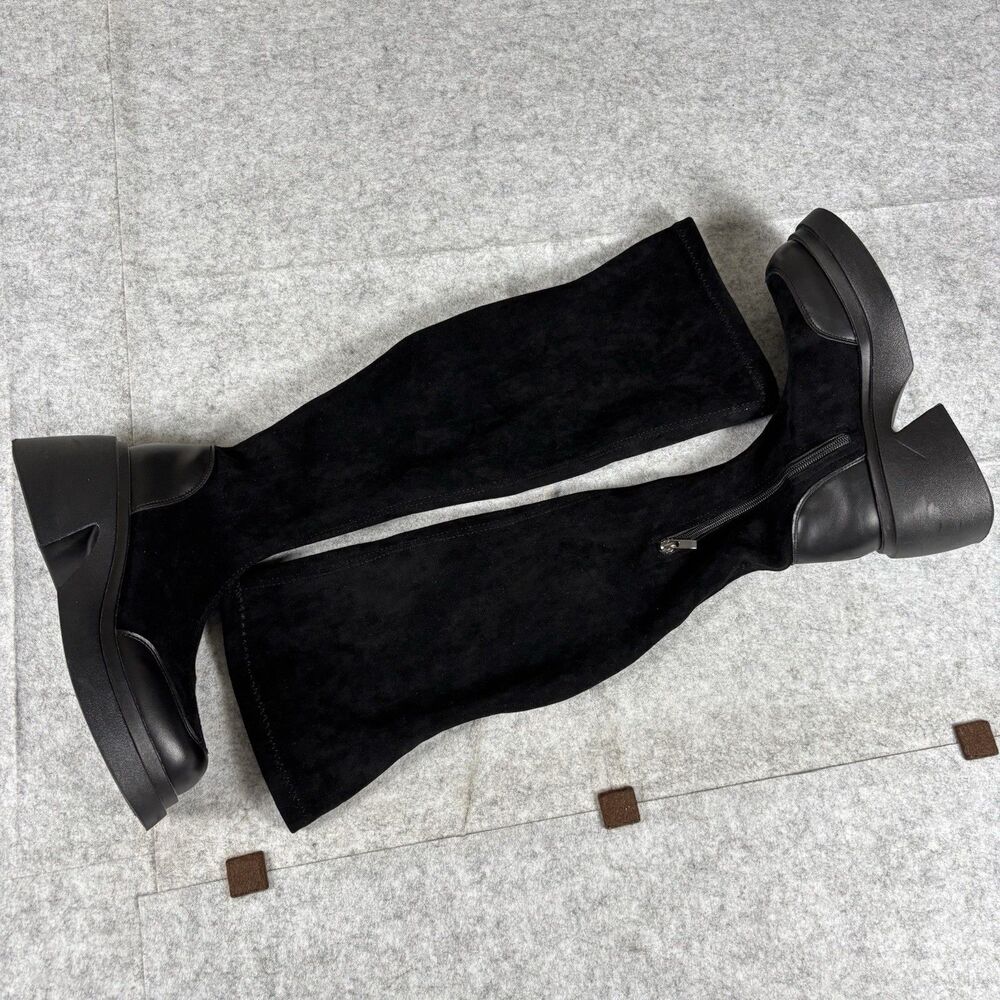 Black Stretch Over-the-Knee Square Toe Chunky Heel Boots Womens Size 240